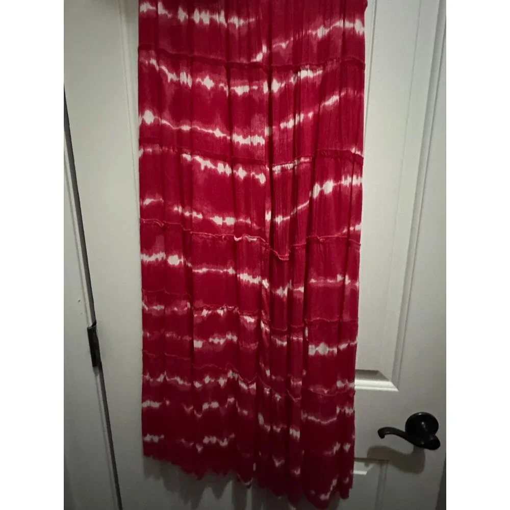 Kim Rogers Red & White Tie-Dye Tiered Maxi Skirt L - Picture 2 of 5